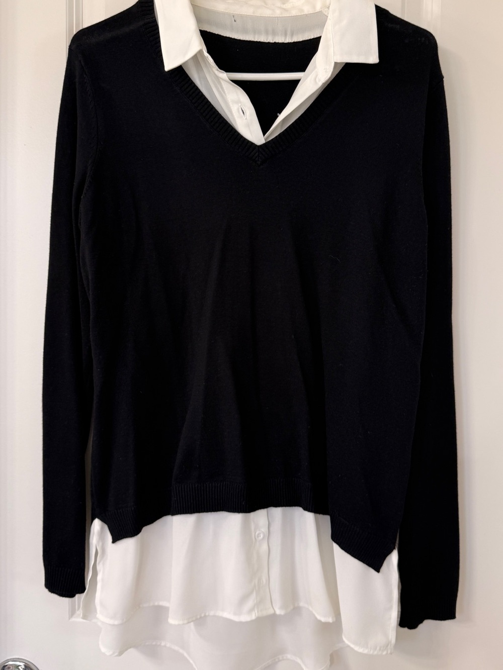 Classic Black V-Neck Sweater with White Shirt Detail